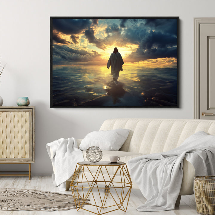 Jesus Walks Wall Art Canvas Print, Framed Divine Sunset Art Picture Print, Spiritual Light Perfect Spiritual Tranquil Decor Artwork