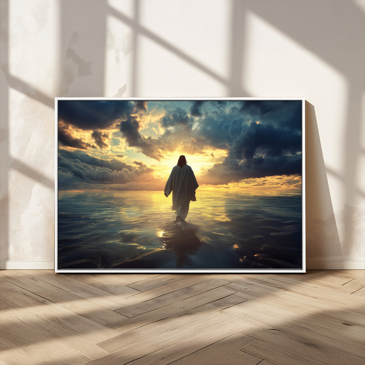 MGV-FC-36X24 - Jesus Walks Wall Art Canvas Print, Framed Divine Sunset Art Picture Print, Spiritual Light Perfect Spiritual Tranquil Decor Artwork