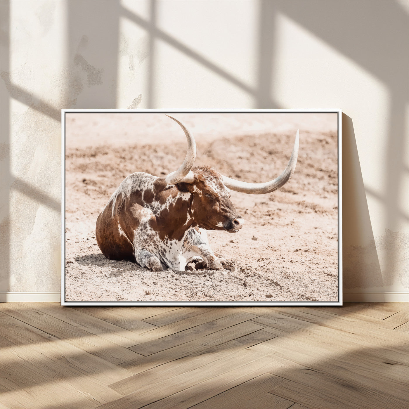 MGV-FC-36X24 - Texas Longhorn Wall Art Canvas Print, Framed Resting Bull Art Picture Print, Spotted Cattle Perfect Rustic Western Decor Artwork