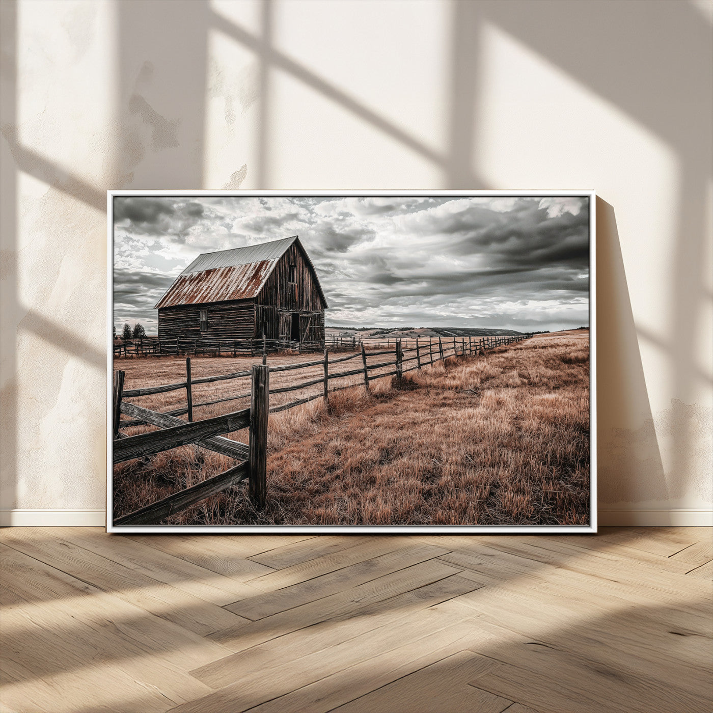 MGV-FC-36X24 - Rustic Barn Wall Art Canvas Print, Framed Moody Field Art Picture Print, Weathered Fence Perfect Moody Farmhouse Decor Artwork