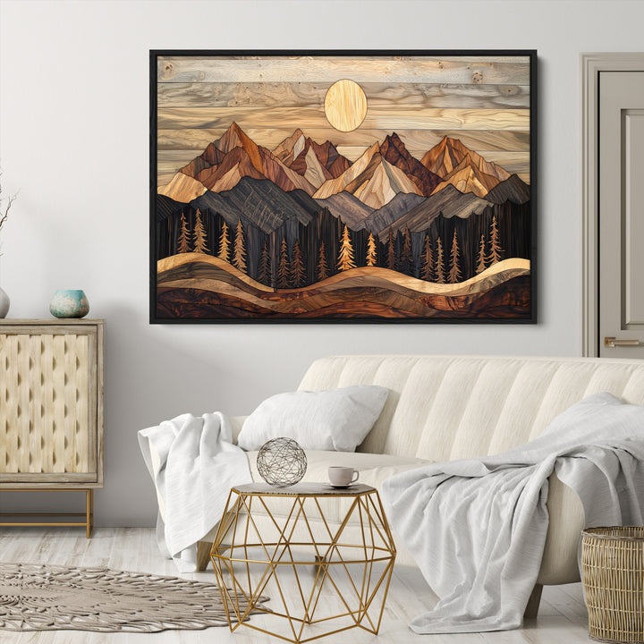 Wood Mountain Wall Art Canvas Print, Framed Boho Wood Art Print, Abstract Woodland Farmhouse Decor