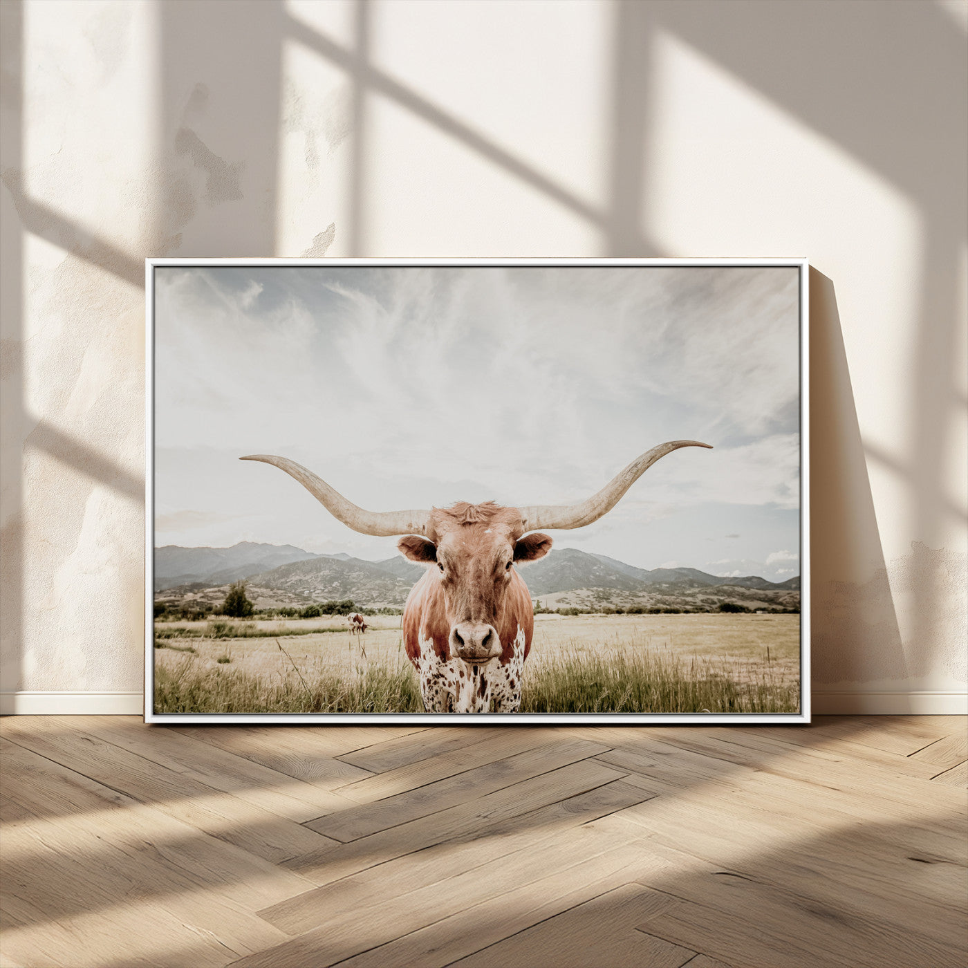 MGV-FC-36X24 - Texas Longhorn Wall Art Canvas Print, Framed Western Cow Art Picture Print, Rustic Farmhouse Perfect Farmhouse Decor Artwork