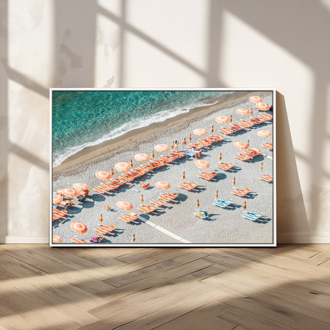 27805351-MGV-CV-36X24 - Beach Umbrellas Wall Art – Orange Loungers & Turquoise Water Canvas Print, Sandy Shore and Summer Vibes