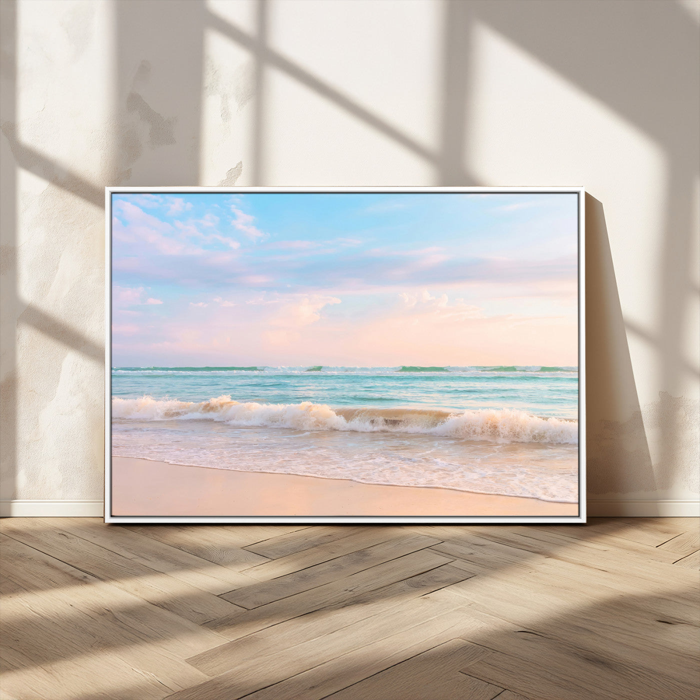 74679437-MGV-CV-36X24 - Serene Waves Wall Art – Golden Shore & Soft Pastel Sky Canvas Print, Gentle Ocean and Peaceful Sunset for Living Room or Office