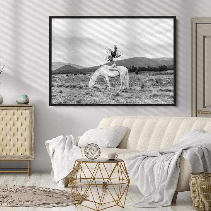 White Horse Wall Art Canvas Print, Woman Rider Print, Framed Equestrian Pose Art Print, Large Grazing Horse Printing Western Boho
