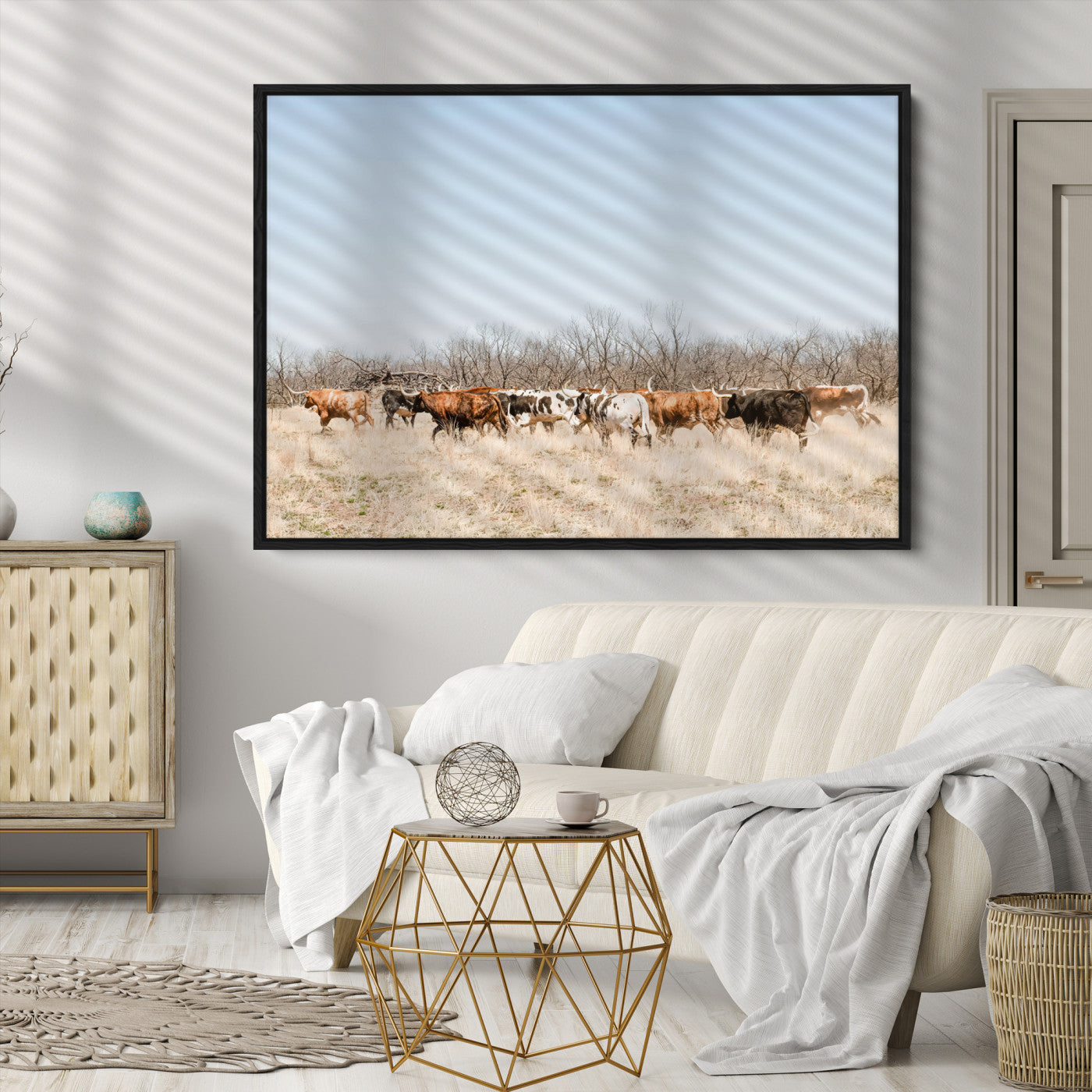 Texas Longhorns Wall Art Canvas Print, Western Cattles Print Wall Art, Framed Rustic Herd Art Print, Large Country Cows Printing Rustic