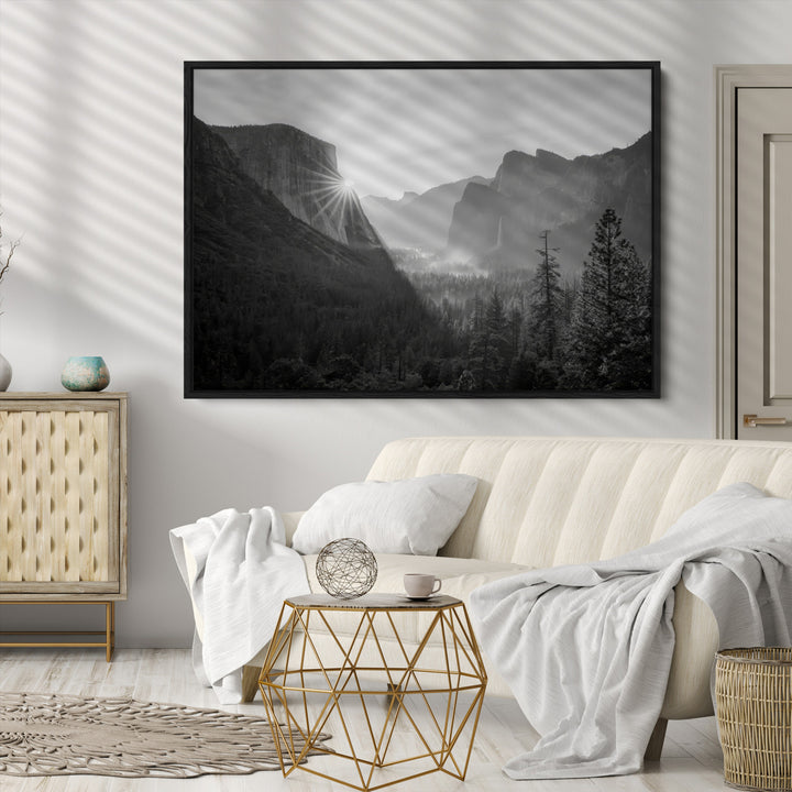 Yosemite Valley Wall Art Canvas Print, Framed El Capitan Sunrise Print, Framed Misty Mountain Art Print, Large Monochrome Valley Printing