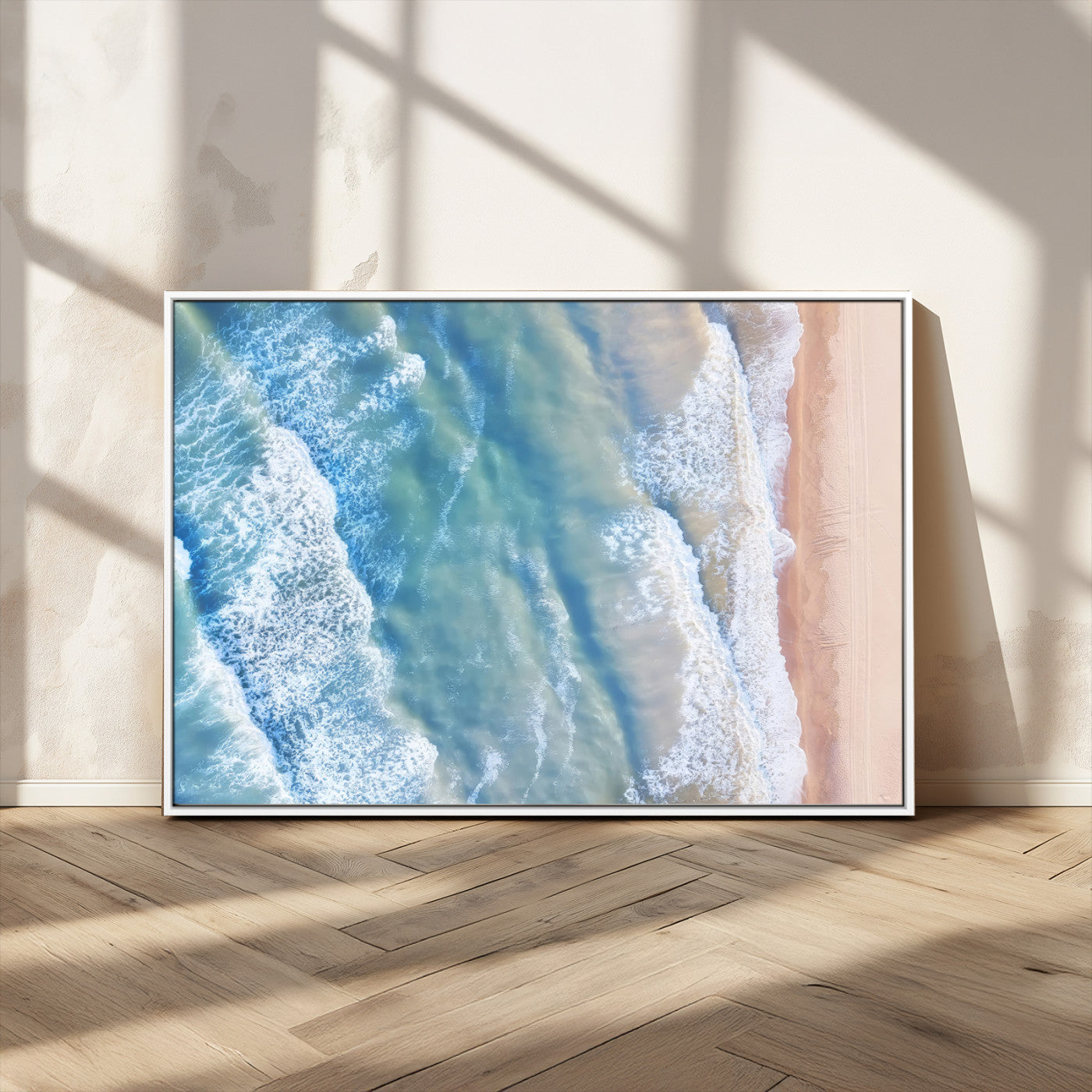 MGV-FC-36X24 - Aerial Ocean View Wall Art Canvas Print, Framed Soft Blue Waves Art Picture Print, Sandy Shoreline Perfect Modern Coastal Decor Artwork
