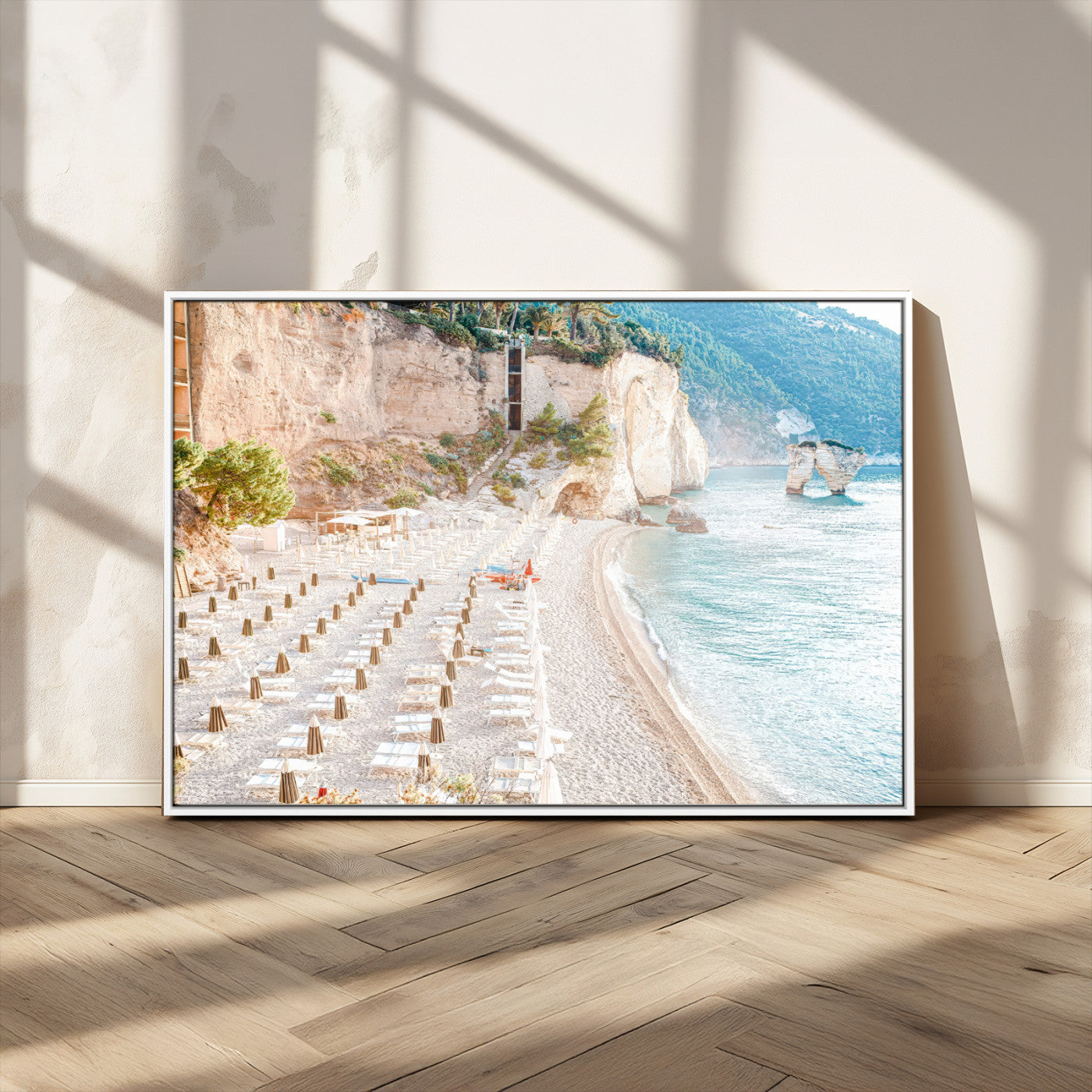 84816639-MGV-CV-36X24 - Sunny Beach Wall Art – Chairs & Umbrellas Canvas Print, Clear Water, Rocky Cliffs, Coastal Calm for Living Room or Vacation Home Decor