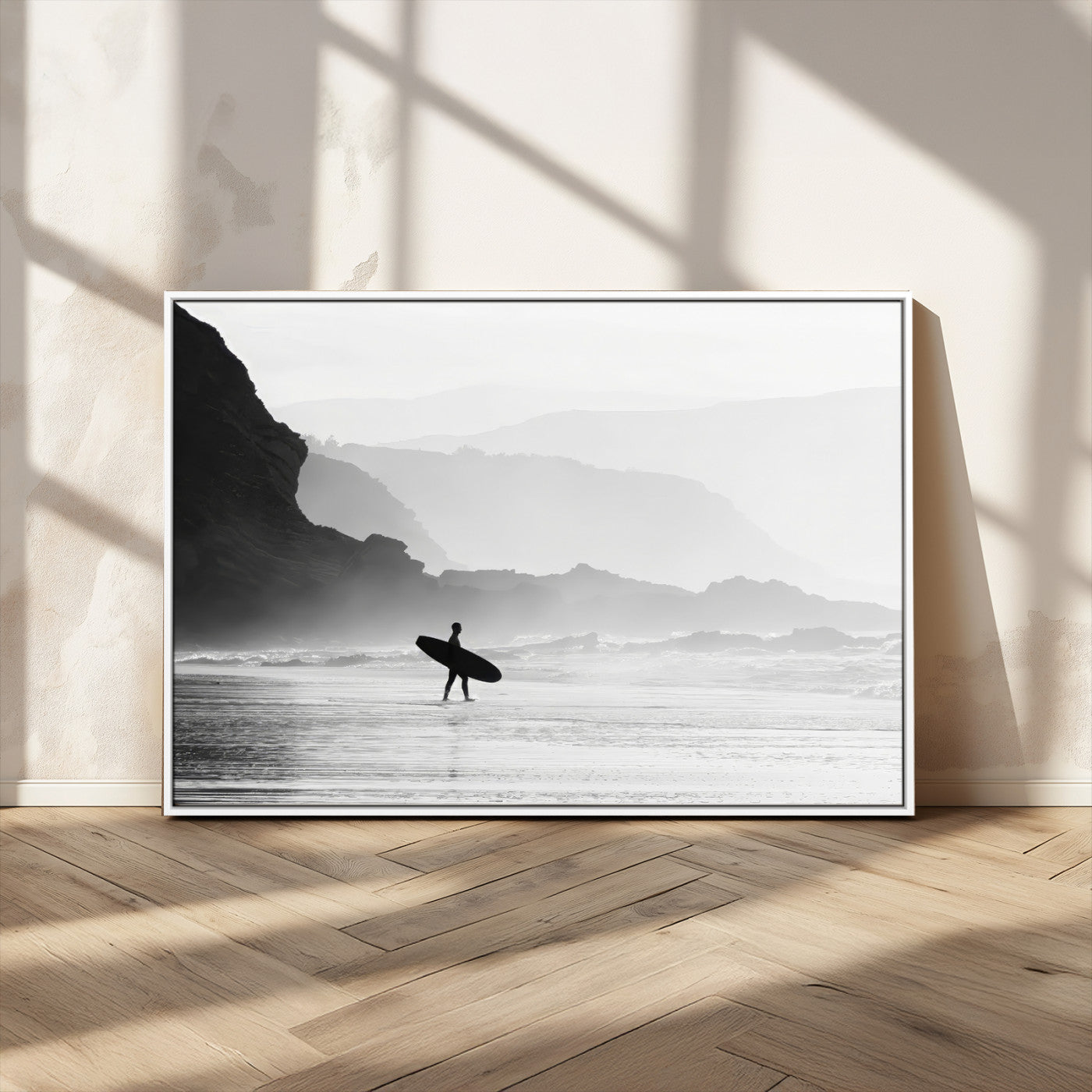 MGV-FC-36X24 - Surfer In Fog Wall Art Canvas Print, Framed Moody Shoreline Art Picture Print, Cliffside Waves Perfect Minimalist Coastal Decor Artwork