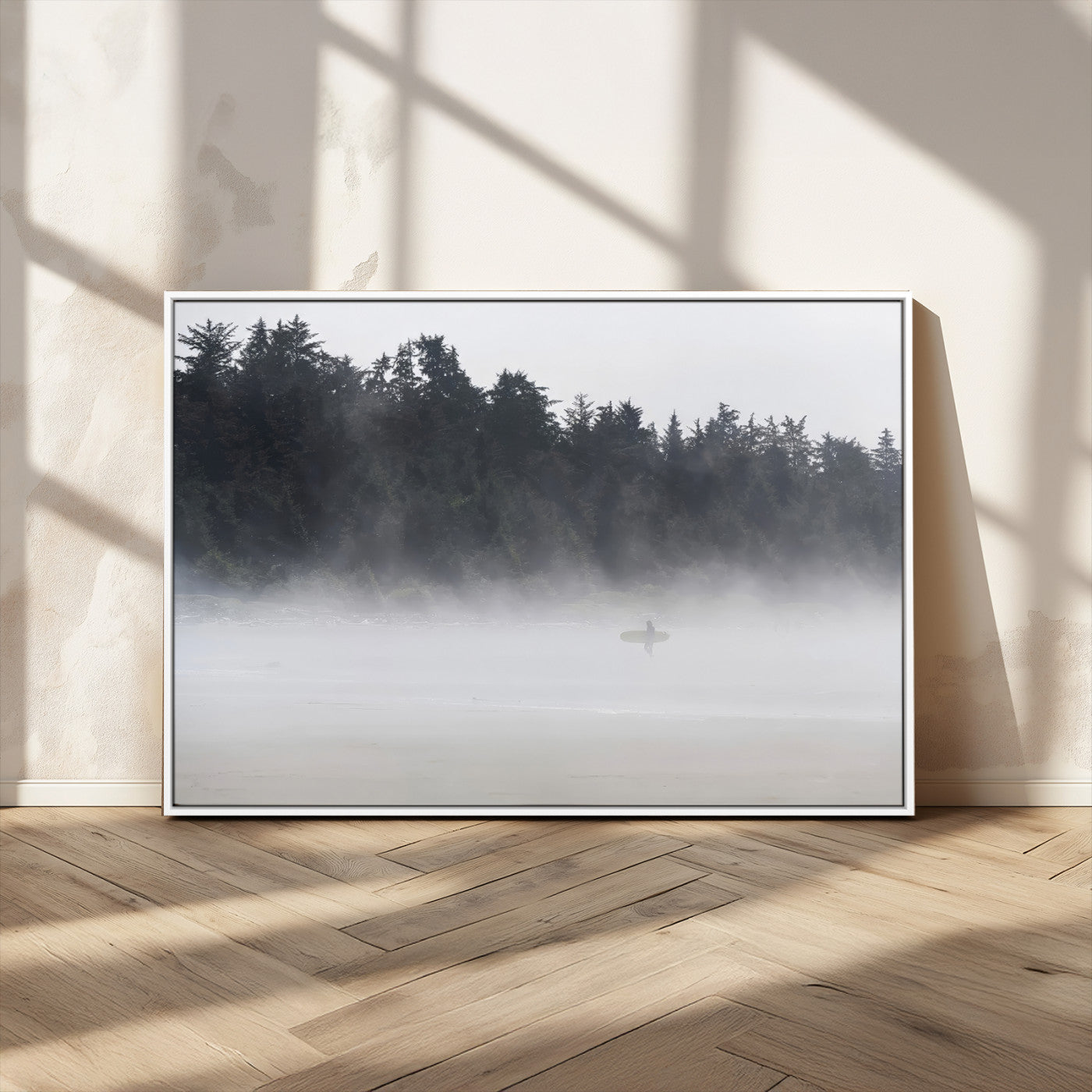 MGV-FC-36X24 - Surfer in Fog Wall Art Canvas Print, Framed Foggy Beach Art Picture Print, Coastal Surf Perfect Moody Coastal Decor Artwork