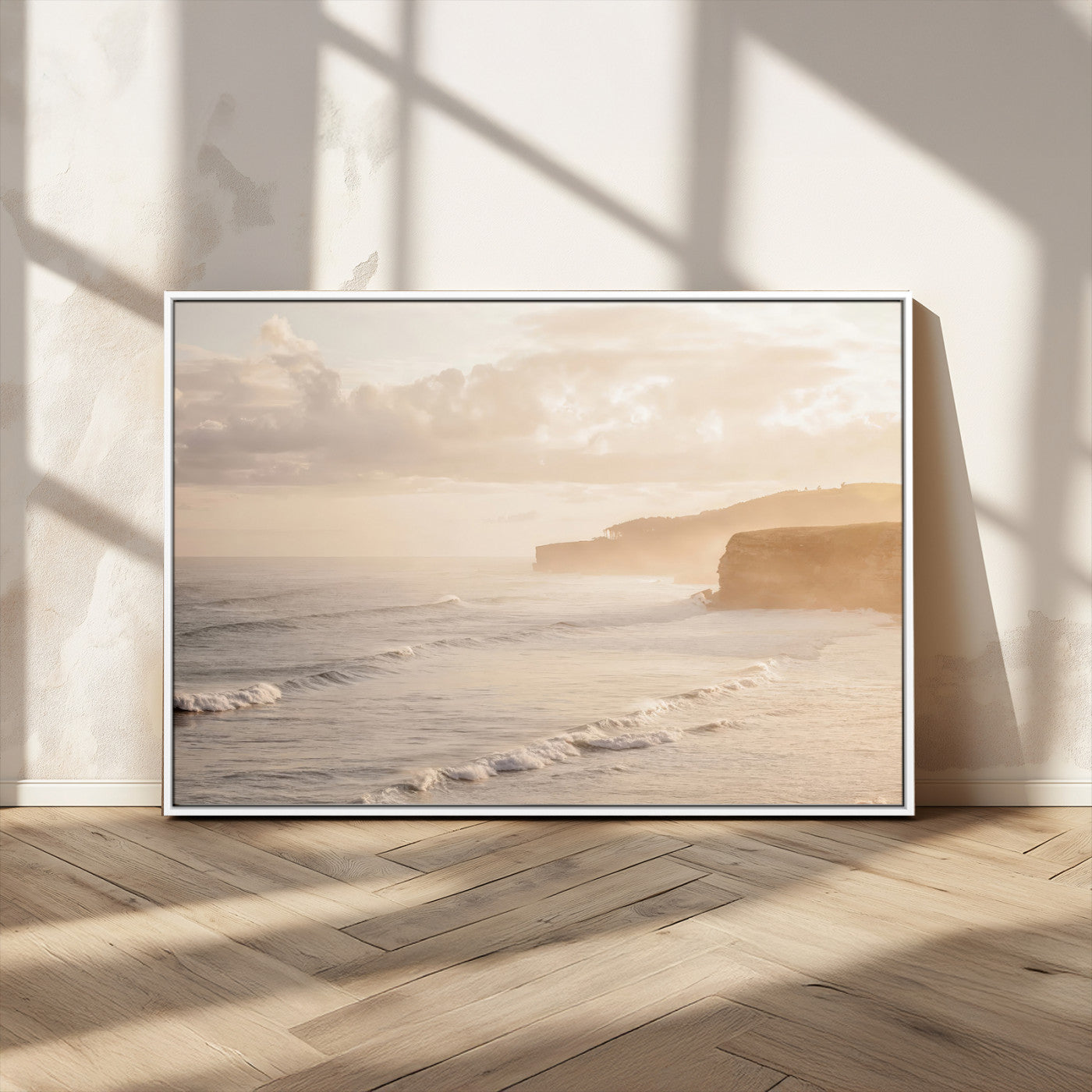 MGV-FC-36X24 - Misty Coastal Wall Art Canvas Print, Framed Golden Sunset Art Picture Print, Serene Shoreline Perfect Tranquil Coastal Decor Artwork