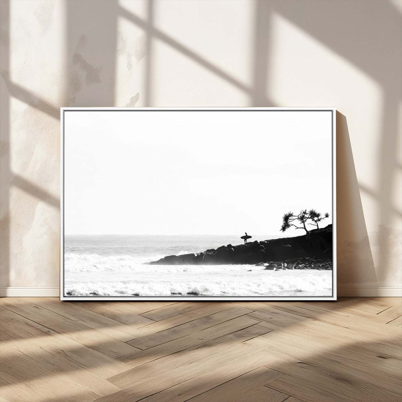 MGV-FC-36X24 - SurferCliffs Wall Art Canvas Print, Framed Black White Beach Art Picture Print, Ocean Waves Perfect Minimalist Coastal Decor Artwork