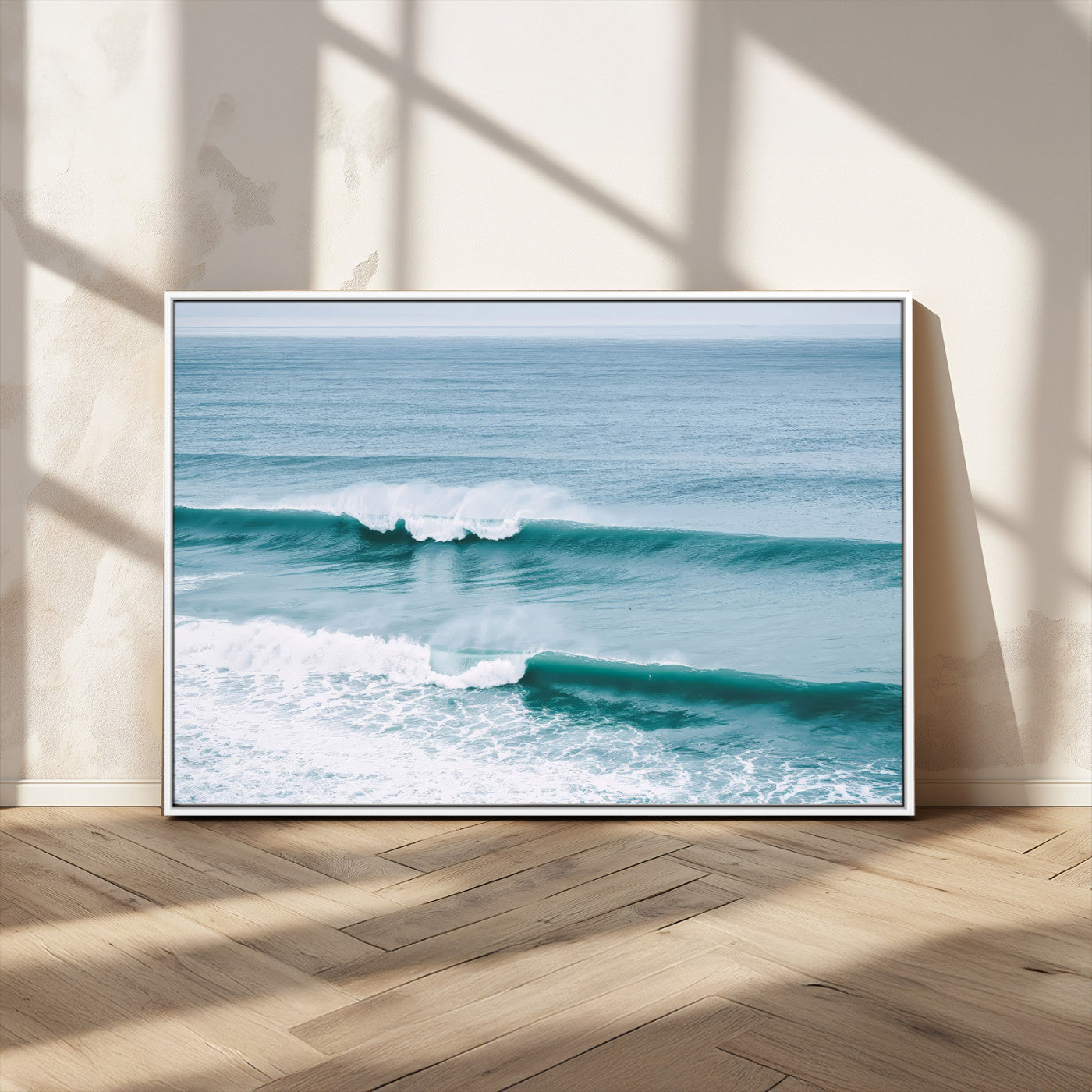 Powerful ocean waves rolling towards the shore, their turquoise hues blending with white sea foam under an open horizon, capturing the essence of the ocean's movement.