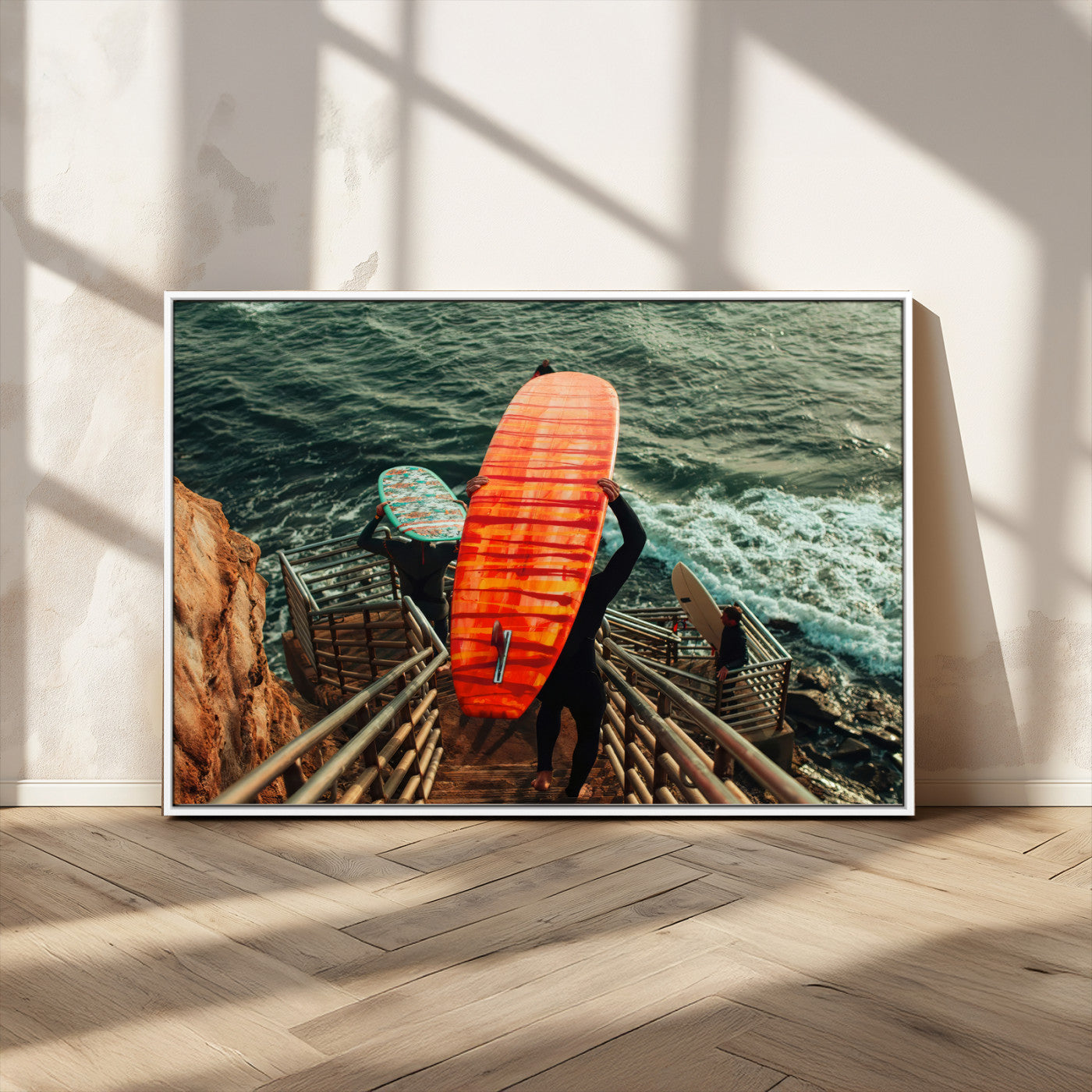 MGV-FC-36X24 - Surfer Stairway Wall Art Canvas Print, Framed Ocean Surf Art Picture Print, Sunset Coastal Perfect Coastal Adventure Decor Artwork
