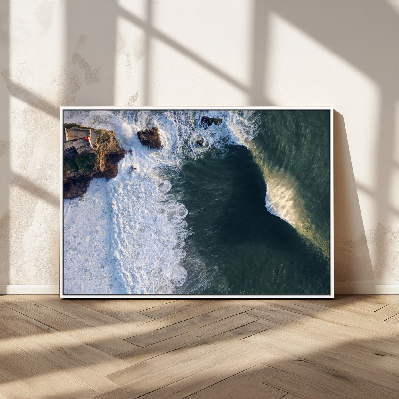 MGV-FC-36X24 - Nazaré Coast Wall Art Canvas Print, Framed Aerial Ocean Art Picture Print, Coastal Fortress Perfect Dramatic Coastal Decor Artwork