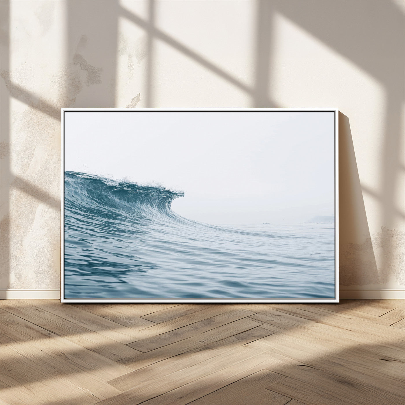 A single ocean wave curling in soft blue tones under a misty sky, ideal for coastal or minimalist home wall decor.