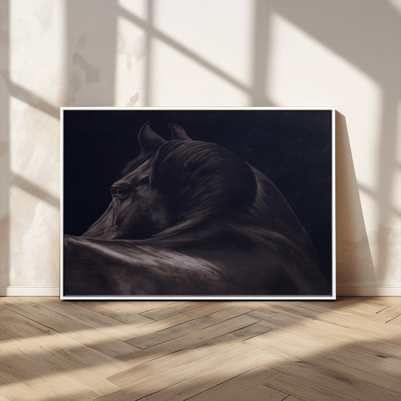 Moody black horse portrait with dramatic lighting on dark background, ideal for rustic, modern or Western style home decor.