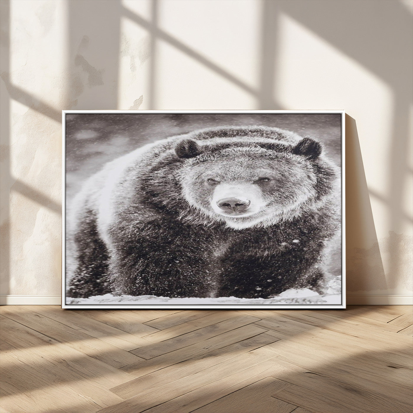 Snow-covered grizzly bear in black and white, ideal for rustic lodge, cabin or wildlife-themed home wall decor.