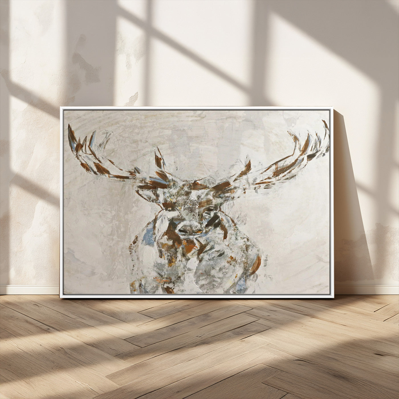 Abstract painting of a deer with antlers in neutral earth tones, ideal for modern rustic or lodge-style living room wall decor.