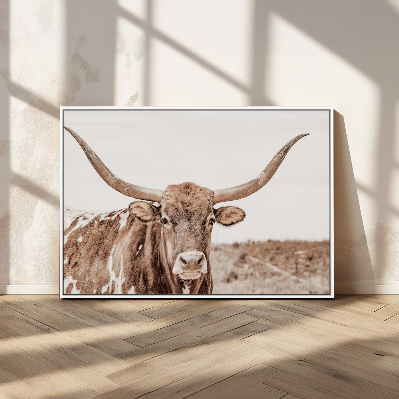 MGV-FC-36X24 - Longhorn Cow Wall Art Canvas Print, Framed Texas Ranch Art Picture Print, Western Bull Perfect County Decor Artwork