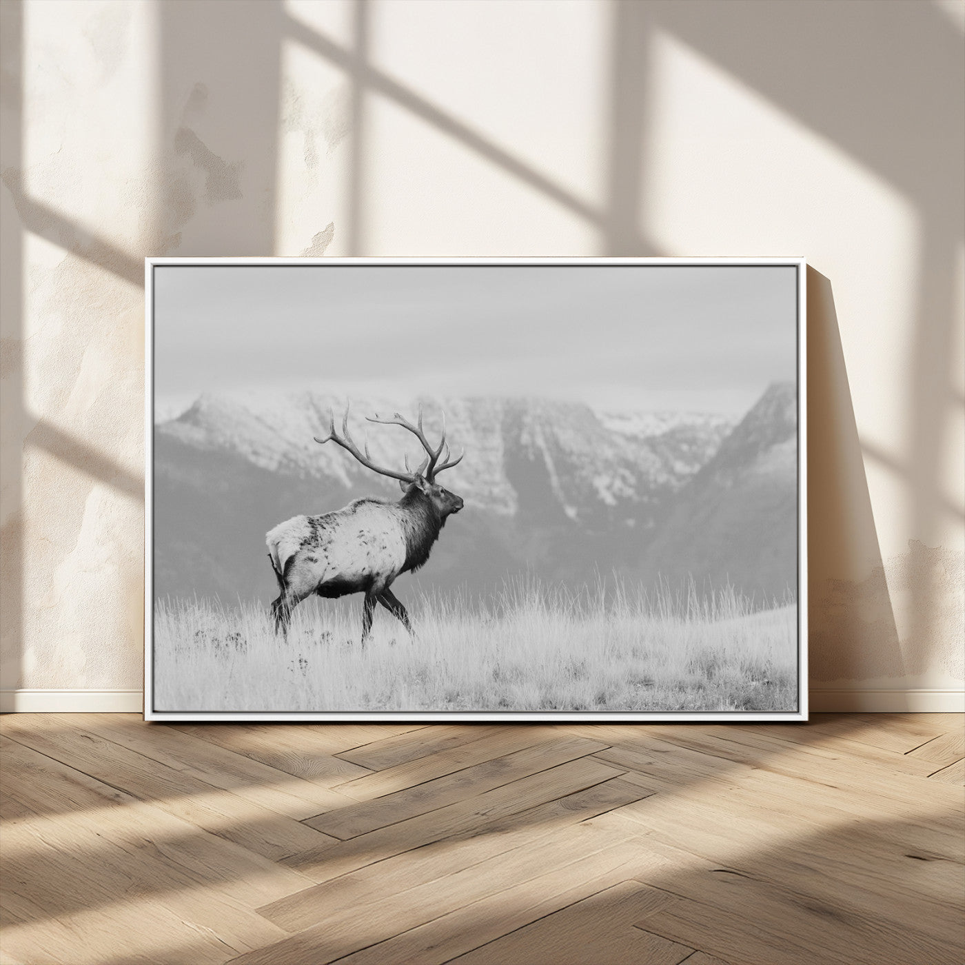 36150391-MGV-FC-36X24 - Wall Art Canvas Print – Majestic Elk Black & White Wilderness, Scenic Mountain and Grassland Landscape, Wildlife Nature Decor for Home or Office