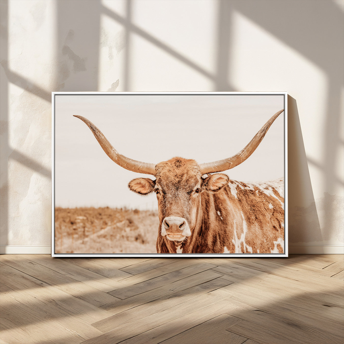 MGV-FC-36X24 - Longhorn Bull Wall Art Canvas Print, Framed Western Cow Art Picture Print, Rustic Farmhouse Perfect Neutral Farmhouse Decor Artwork
