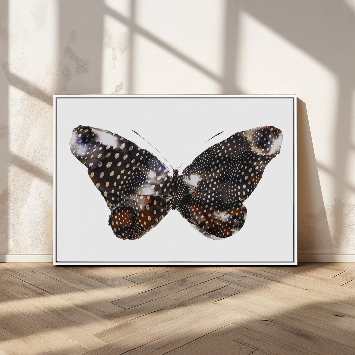 MGV-FC-36X24 - Spotted Butterfly Wall Art Canvas Print, Framed Neutral Insect Theme Art Picture Print, Earthy Wing Pattern Perfect Modern Rustic Decor Artwork