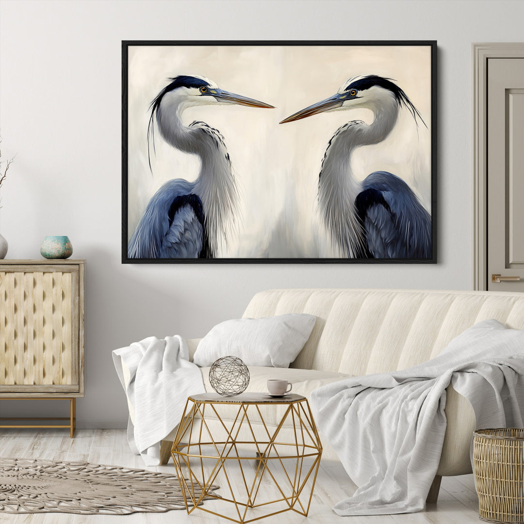 Blue Heron Pair Art Canvas Print, Coastal Bird Theme Print, Framed Tranquil Wildlife Scene Art Print, Large Nature Inspired Decor