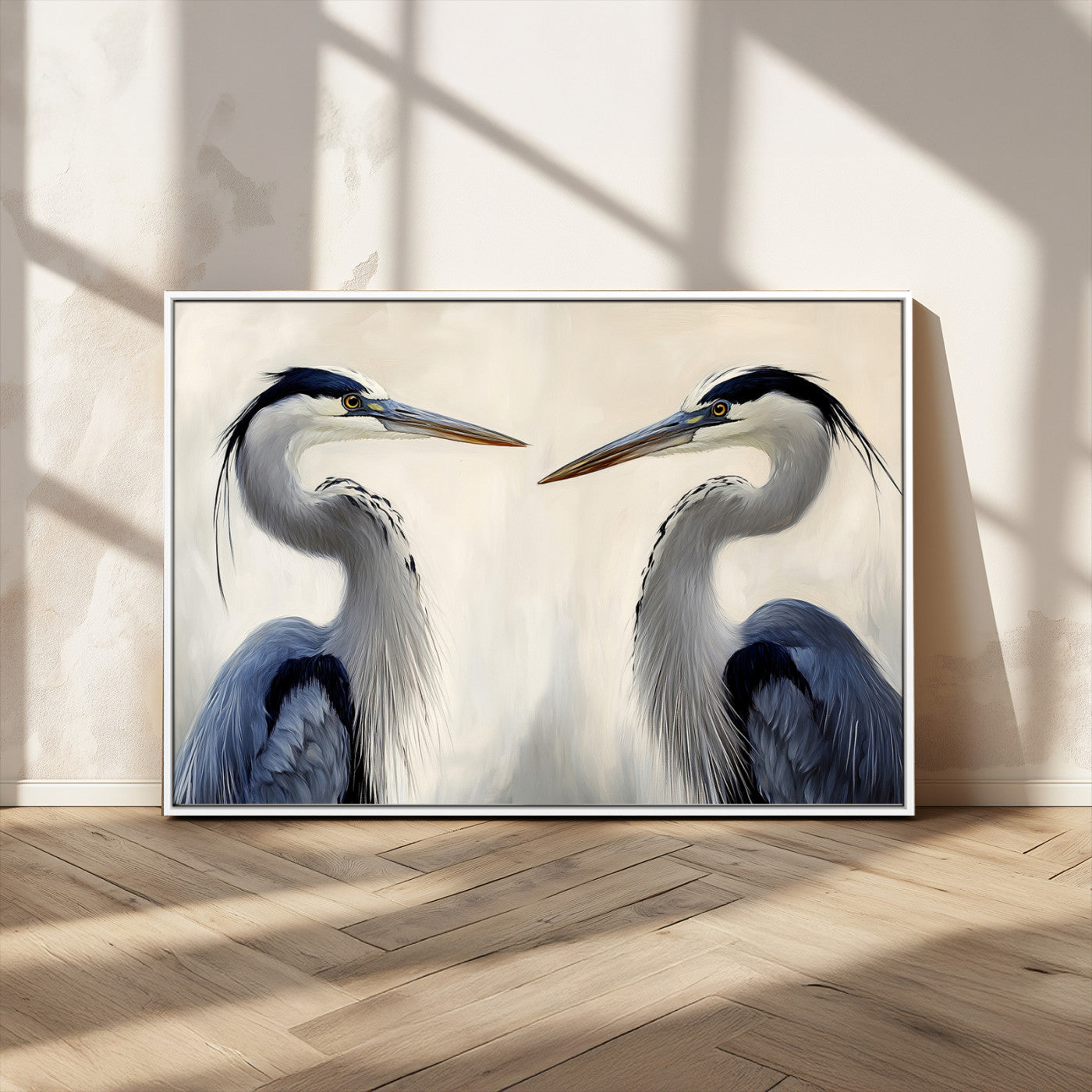 MGV-FC-36X24 - Blue Heron Pair Wall Art Canvas Print, Framed Coastal Bird Theme Art Picture Print, Tranquil Wildlife Scene Perfect Coastal Minimalist Decor Artwork