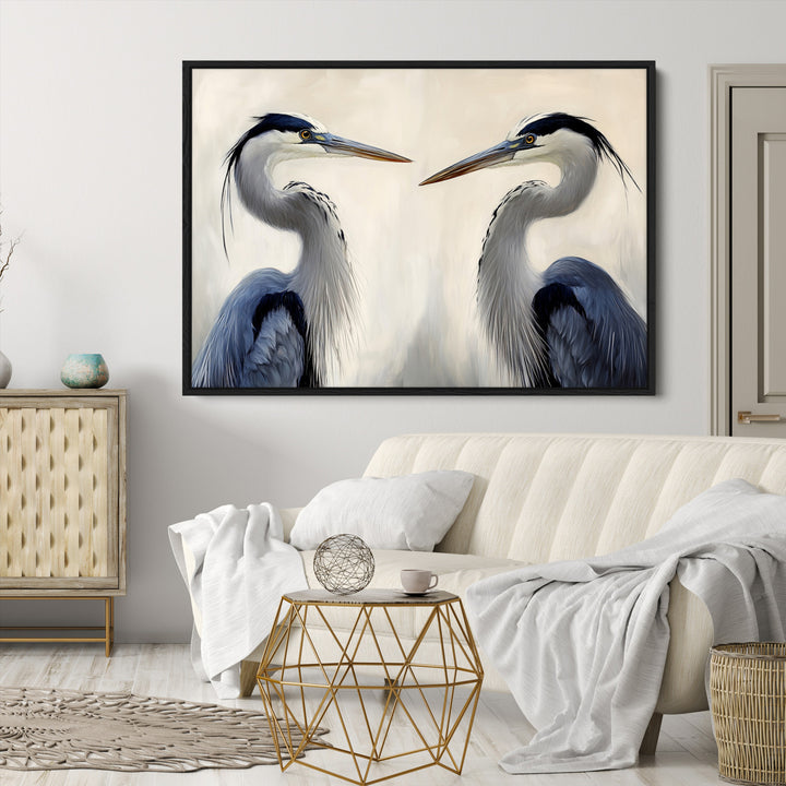 Blue Heron Pair Art Canvas Print, Coastal Bird Theme Print, Framed Tranquil Wildlife Scene Art Print, Large Nature Inspired Decor