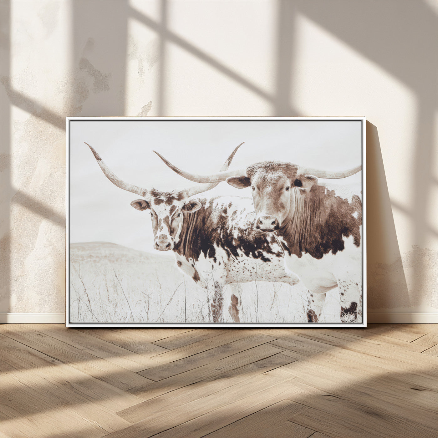 MGV-FC-36X24 - Longhorn Wall Art Wall Art Canvas Print, Framed Western Cow Canvas Art Picture Print, Rustic Farm Decor Perfect Rustic Farmhouse Decor Artwork