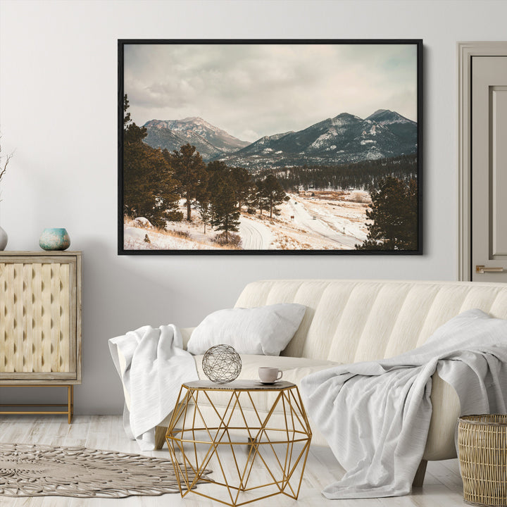 Mountain Landscape Wall Art Canvas Print, Framed Snowy Peaks Art Picture Print, Alpine Aesthetic Perfect Rustic Winter Decor Artwork