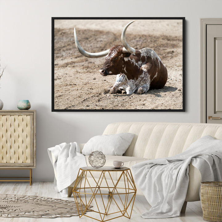Texas Longhorn Wall Art Canvas Print, Framed Country Living Art Picture Print, Farmhouse Perfect Western Decor Artwork