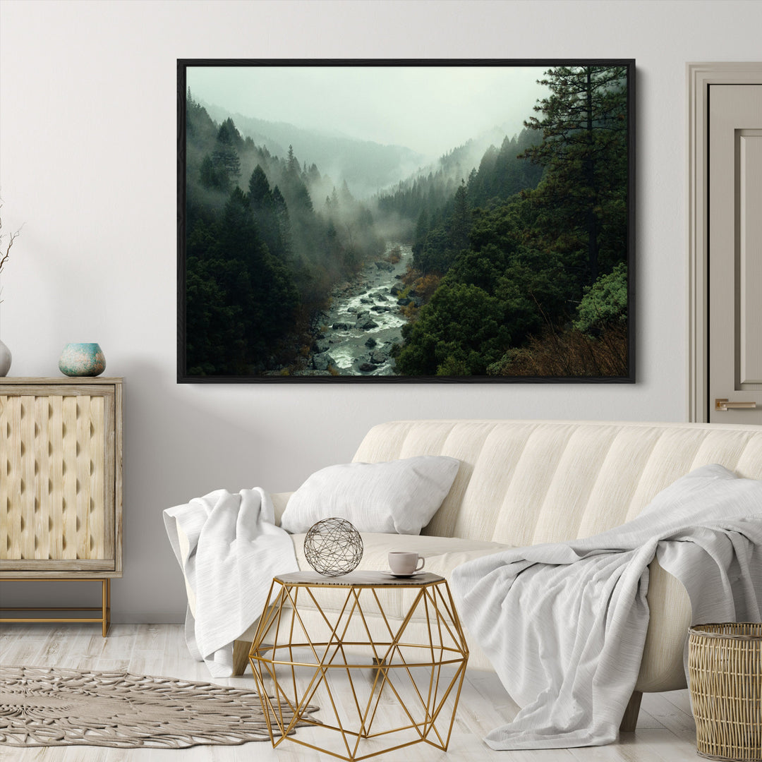 Misty Forest Wall Art Canvas Print, Framed Foggy River Art Picture Print, Moody Landscape Perfect Wilderness Decor Artwork