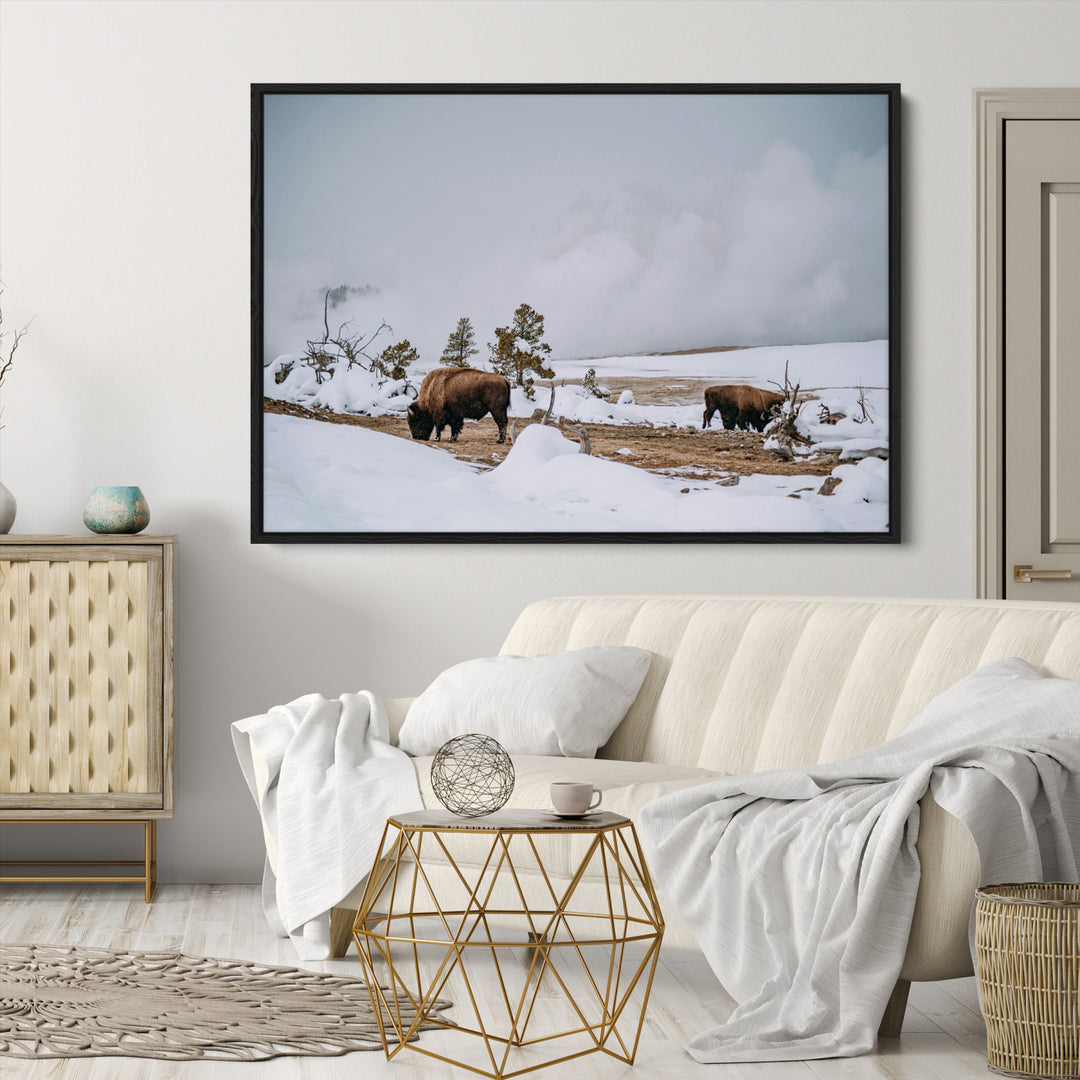 Bison Wildlife Wall Art Canvas Print, Framed Snowy Prairie Art Picture Print, Western Perfect Rustic Decor Artwork