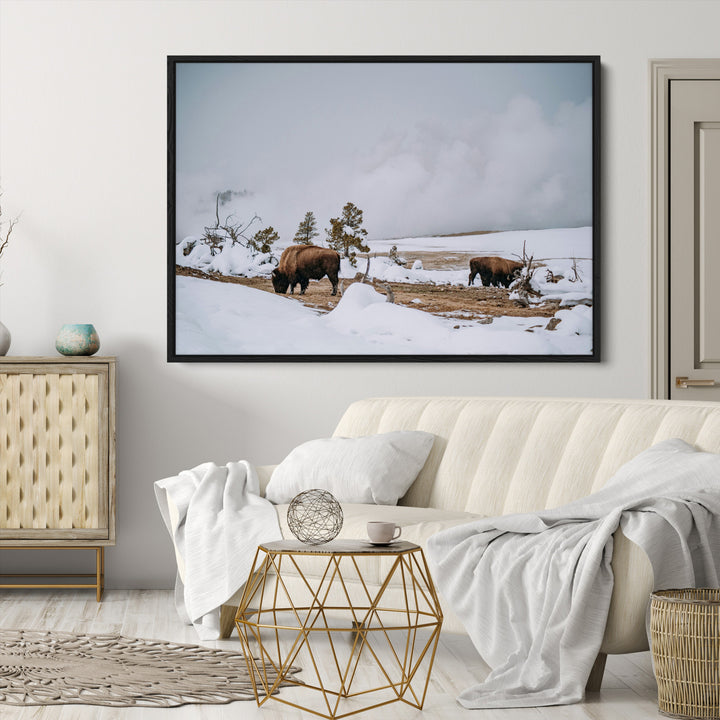 Bison Wildlife Wall Art Canvas Print, Framed Snowy Prairie Art Picture Print, Western Perfect Rustic Decor Artwork