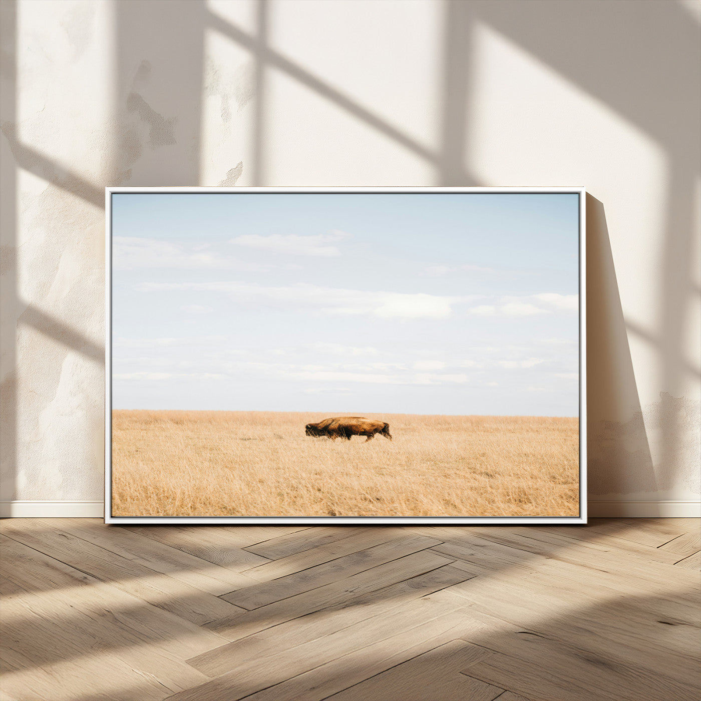 MGV-FC-36X24 - Minimalist Nature Wall Art Canvas Print, Framed Bison In Grassland Art Picture Print, Open Field Perfect Modern Ranch Decor Decor Artwork