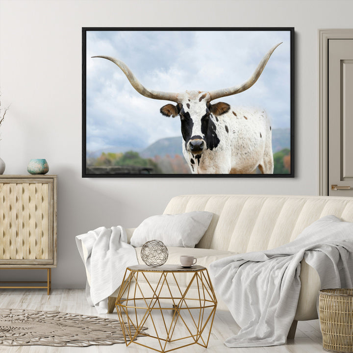Texas Longhorn Wall Art Canvas Print, Framed Western Rustic Art Picture Print, Farmhouse Decor Perfect Farmhouse Decor Artwork