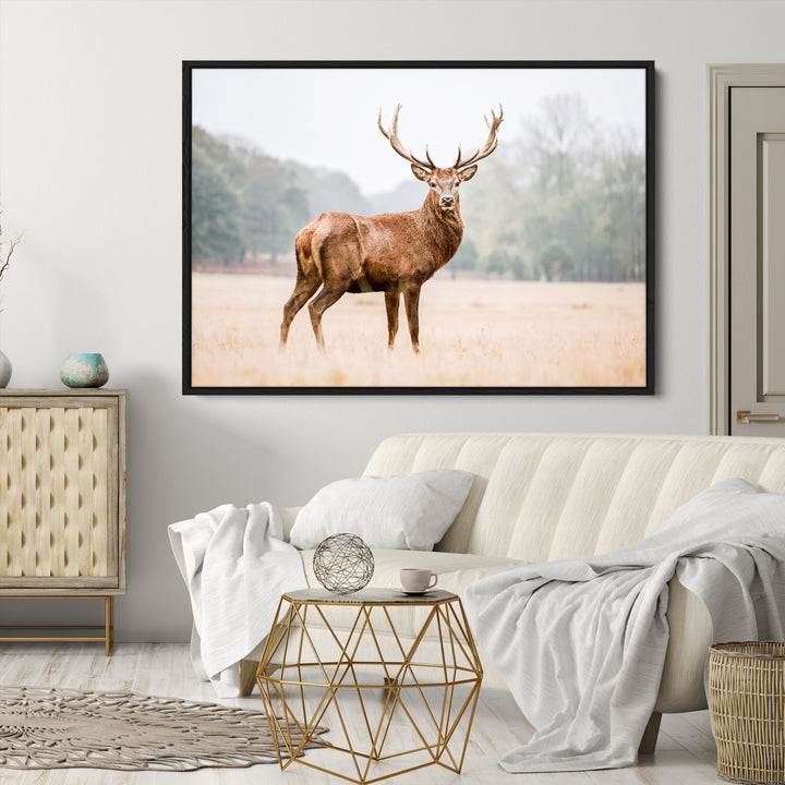 Vintage Wildlife Canvas Print, Framed Misty Landscape Art Picture Print, Deer Wall Art Perfect Rustic Wildlife Decor Artwork
