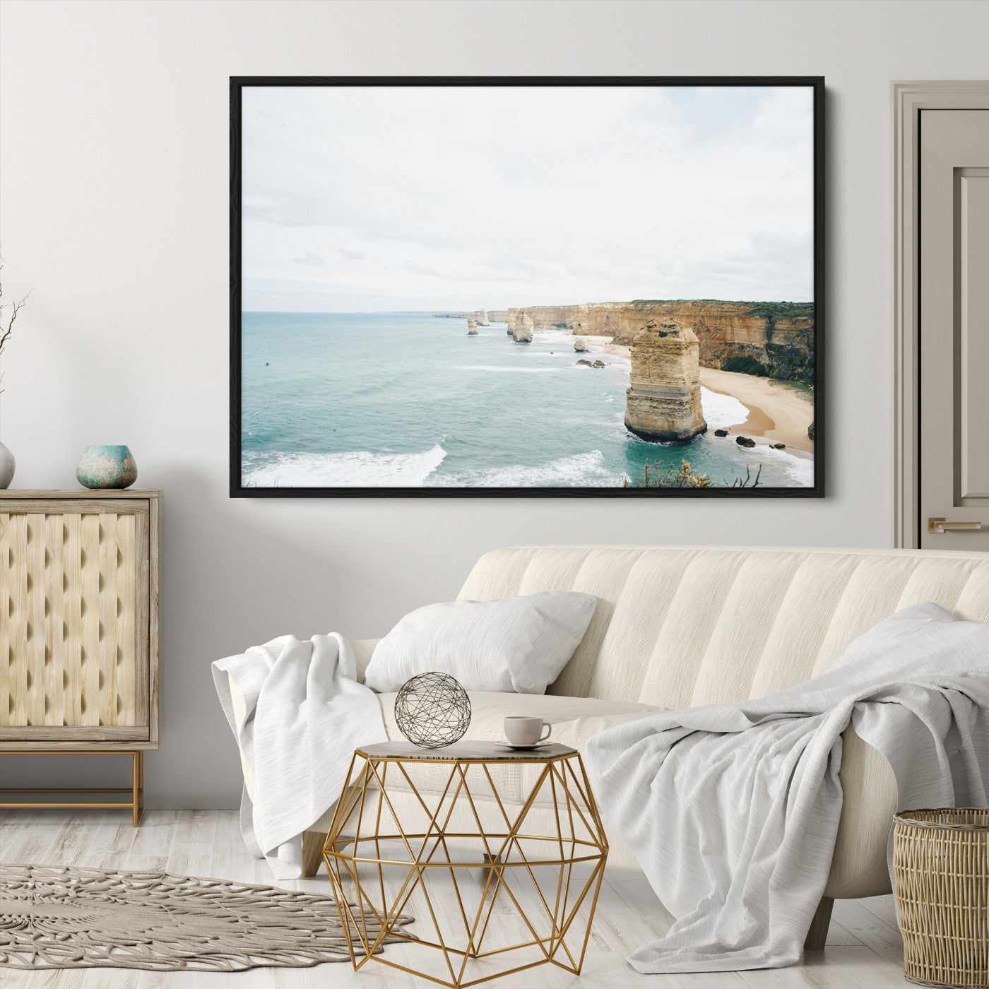 70095633-MGV-CV-36X24-Twelve Apostles Wall Art Canvas Print, Framed Coastal Cliffs Art Picture Print, Rugged Rock Formations Perfect Minimalist Coastal Decor