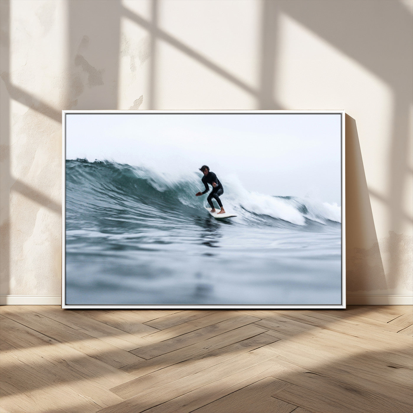 MGV-FC-36X24 - Surfer on Wave Wall Art Canvas Print, Framed Ocean Adventure Art Picture Print, Motion Blur Water Perfect Coastal Adventure Decor Artwork