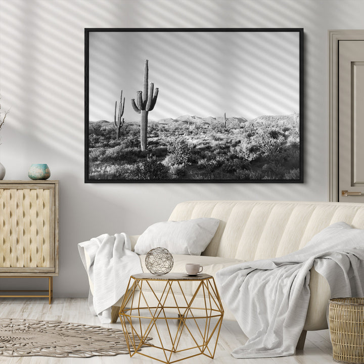 Saguaro Cactus Canvas Print Wall Art , Monochrome Landscape Print, Framed Scenic Arizona Art Print, Large Timeless Western Aesthetic