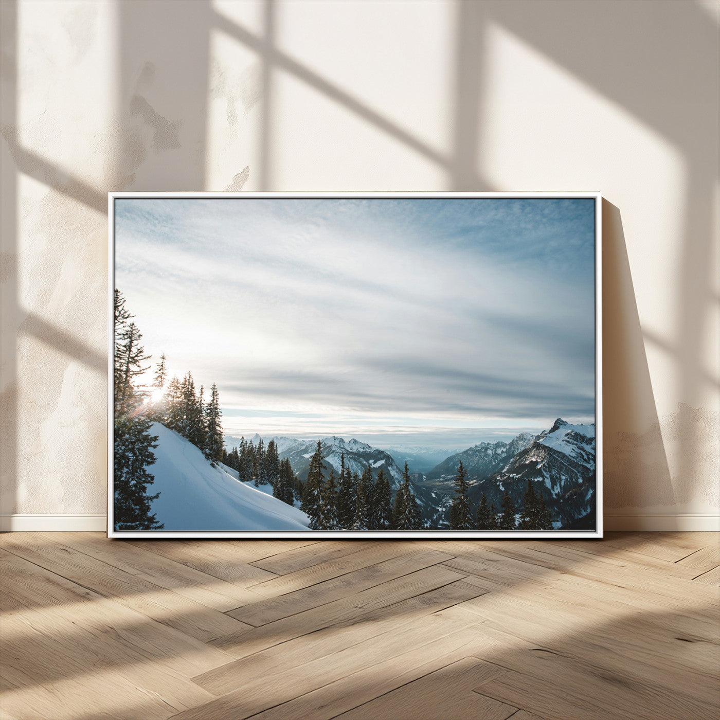 MGV-FC-36X24 - Snowy Mountains Wall Art Canvas Print, Framed Alpine Landscape Art Picture Print, Frosty Peaks Perfect Nordic Minimalist Decor Artwork