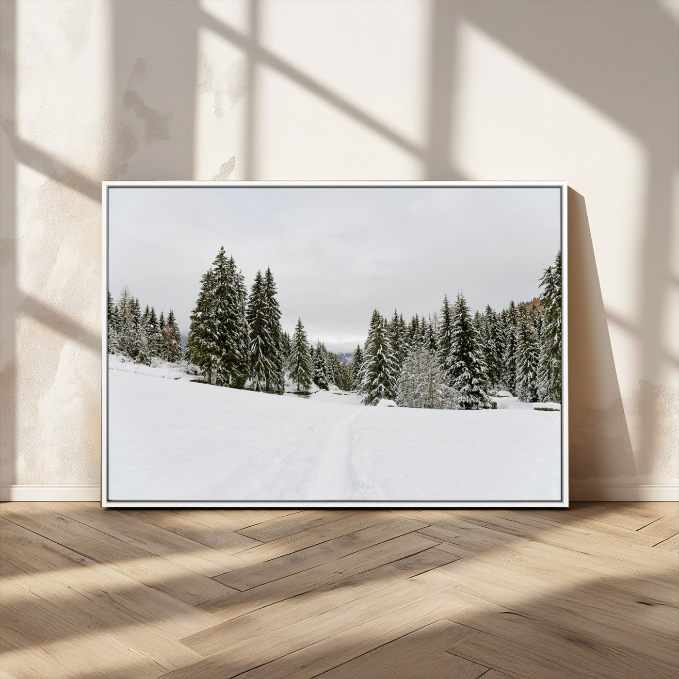 MGV-FC-36X24 - Frosty Pines Wall Art Canvas Print, Framed Silent Snowfall Art Picture Print, Cozy Cabin Vibes Perfect Nordic Minimalist Decor Artwork