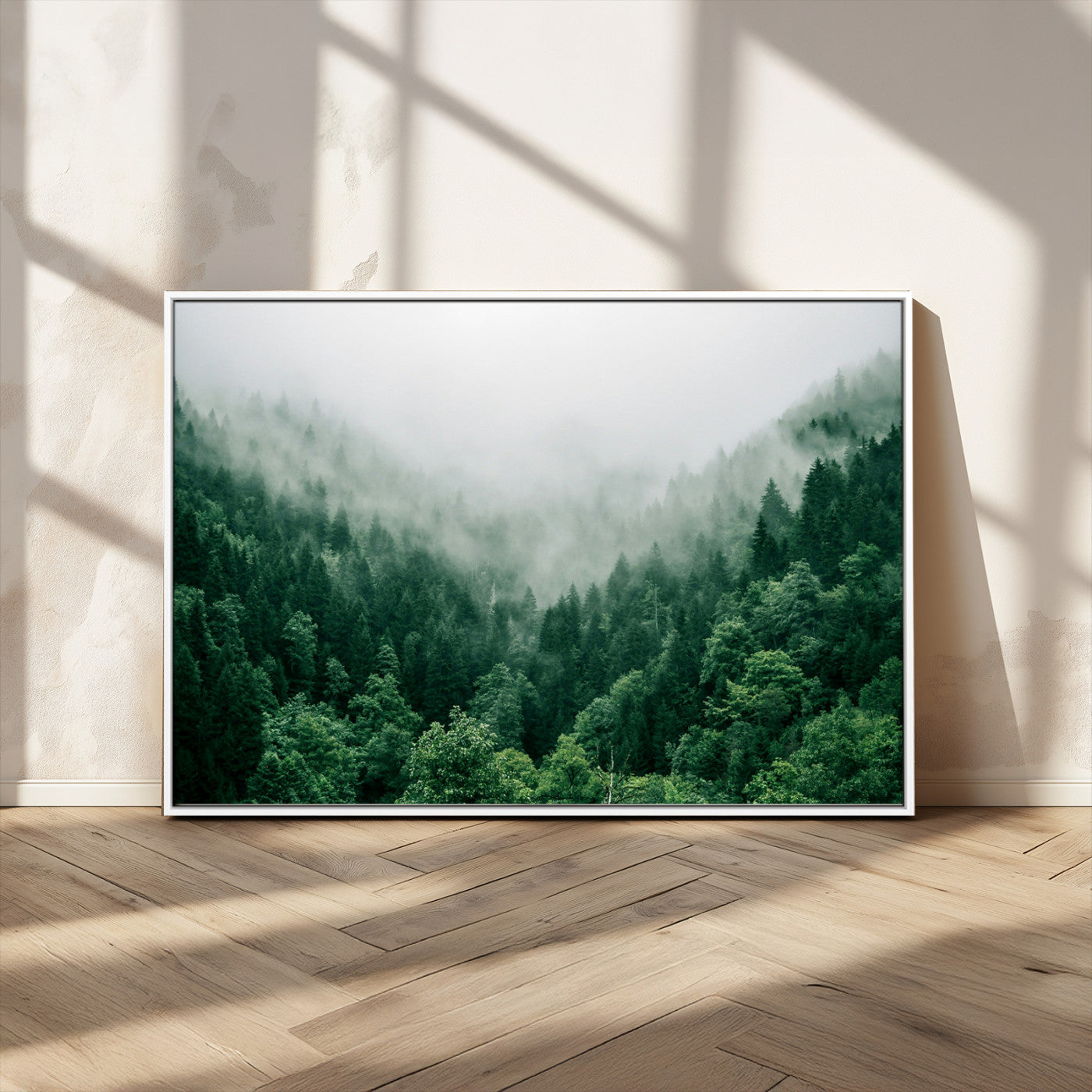 MGV-FC-36X24 - Misty Green Forest Canvas Print – Serene Foggy Pine Landscape Wall Art, Tranquil Nature Decor for