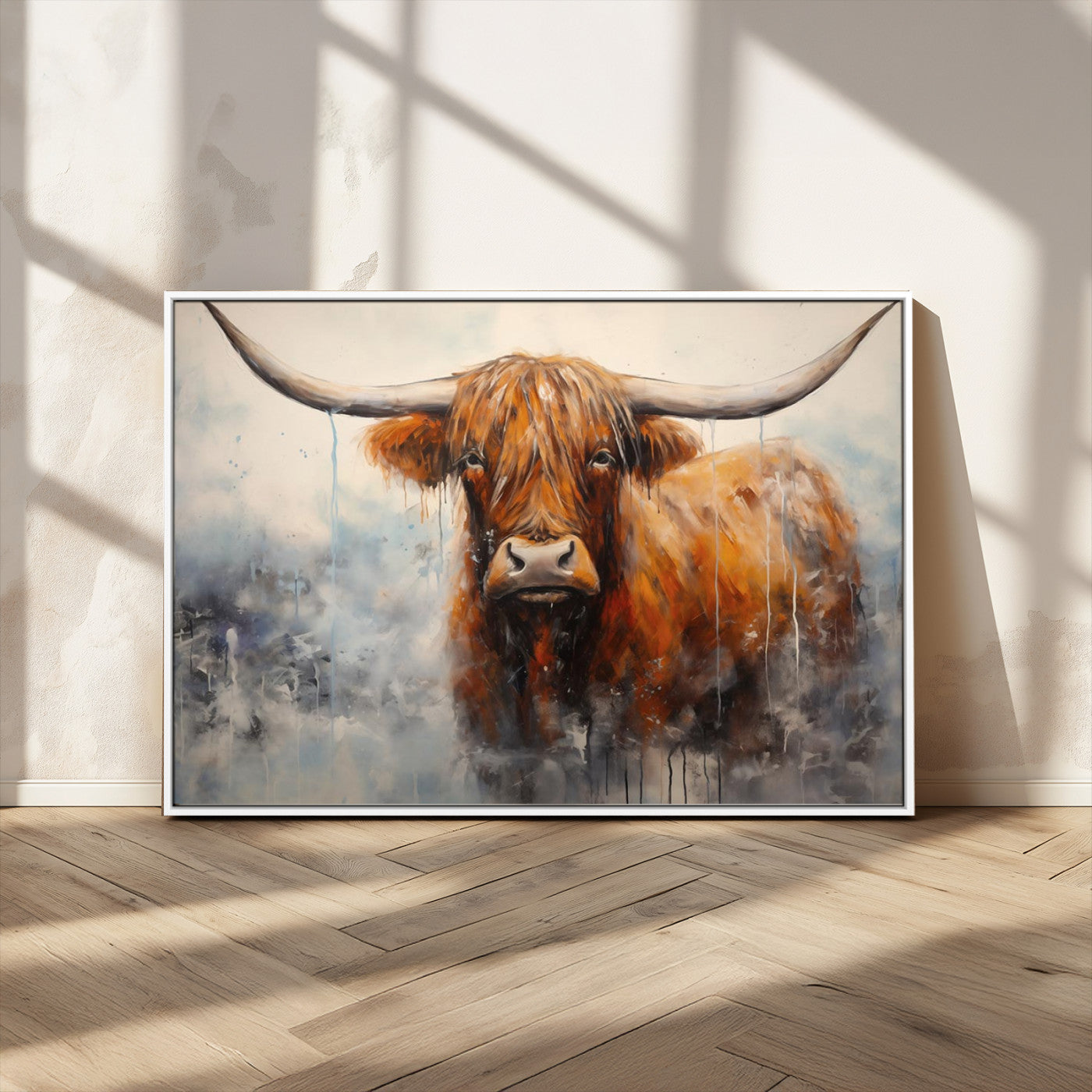 MGV-FC-36X24 - Scottish Highland Wall Art Canvas Print, Framed Longhorn Art Picture Print, Western Cow Perfect Farmhouse Decor Artwork
