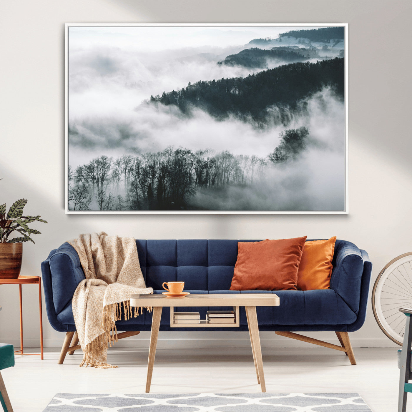 67569654-MGV-CV-36X24-Foggy Forest Landscape Wall Art Canvas Print – Misty Mountain Valley Scene in Monochrome Tones, Perfect for Minimalist or Nordic Home Decor