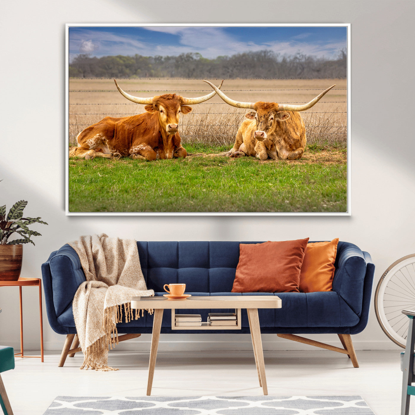 54598515-MGV-CV-36X24-Texas Longhorn Pair Wall Art Canvas Print – Peaceful Rustic Ranch Scene with Two Cattle in Field, Perfect for Western Farmhouse Home Decor