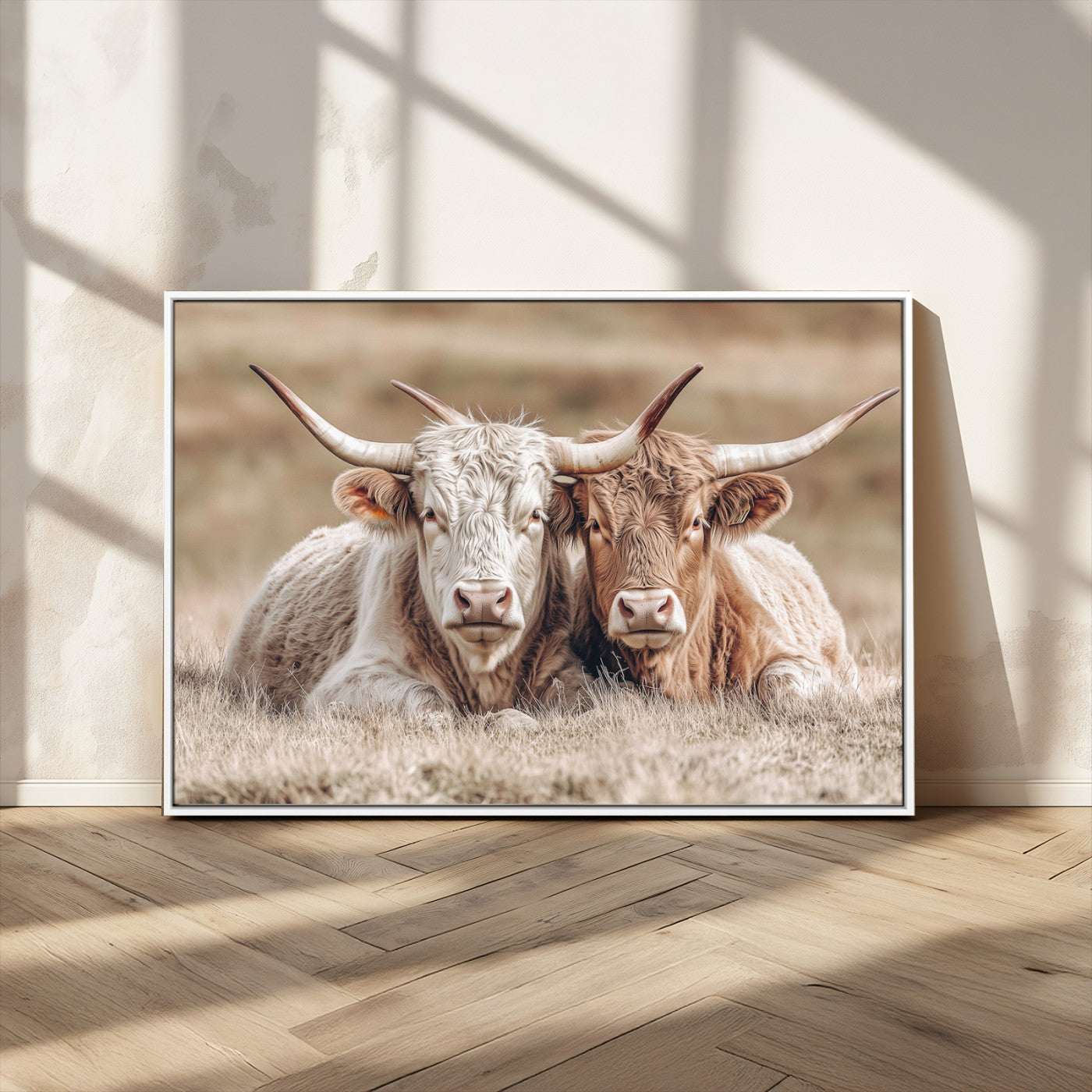 38651722-MGV-CV-36X24 - Highland Cows Meadow Canvas Wall Art – Peaceful Cow Photography Print, Rustic Farmhouse Animal Decor for Country Home, Living Room, Office